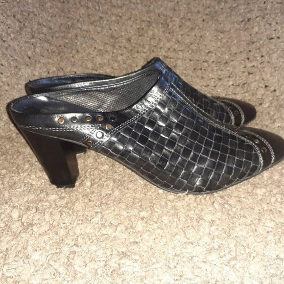 SESTO MEUCCI-Cammie-Black Woven Leather Mules-Studded-3" Heel-SZ 11M-Near Mint - Picture 4 of 7